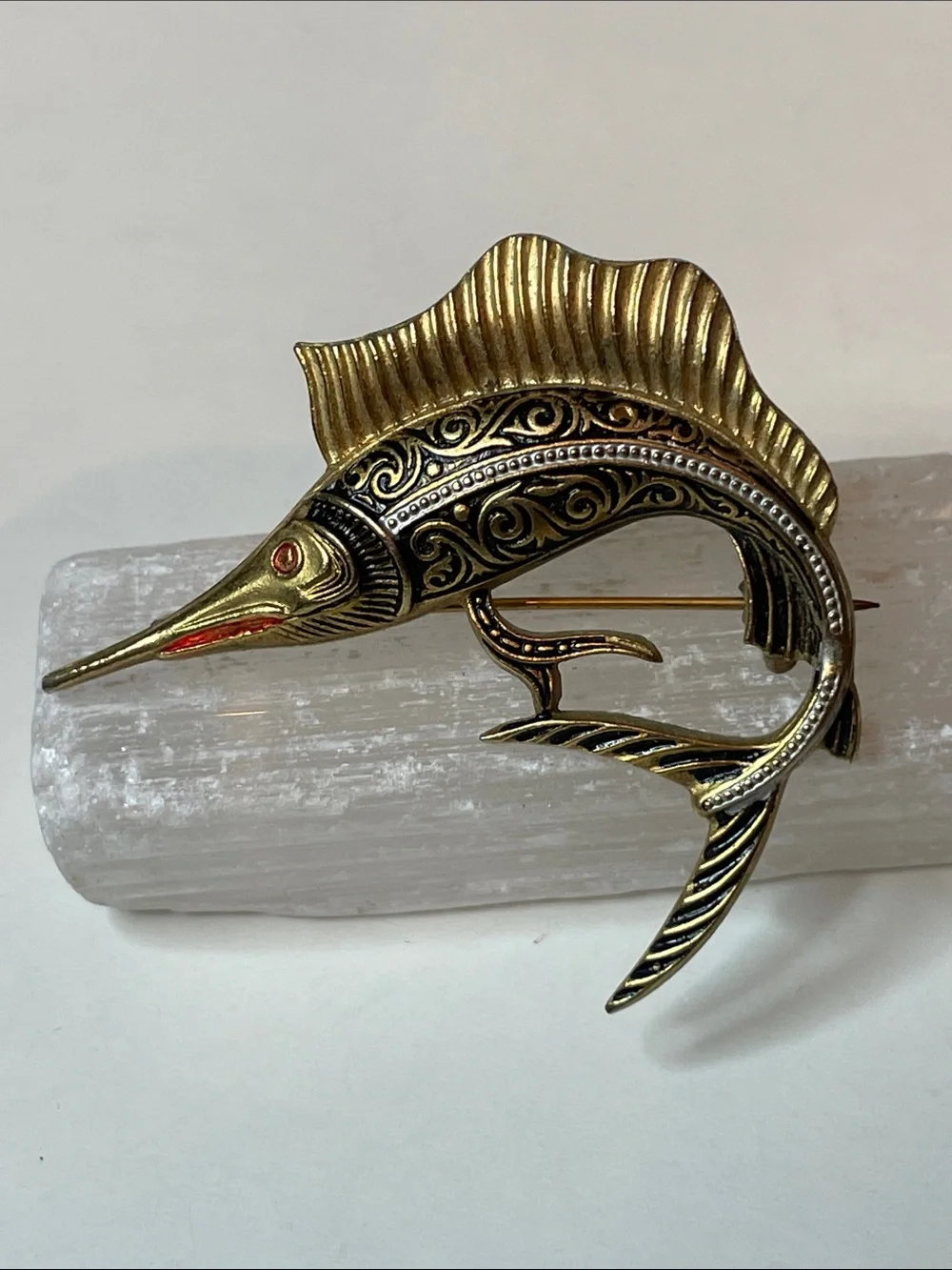 Vintage Two Damascene Brooches from Spain Swordfish & Fan
